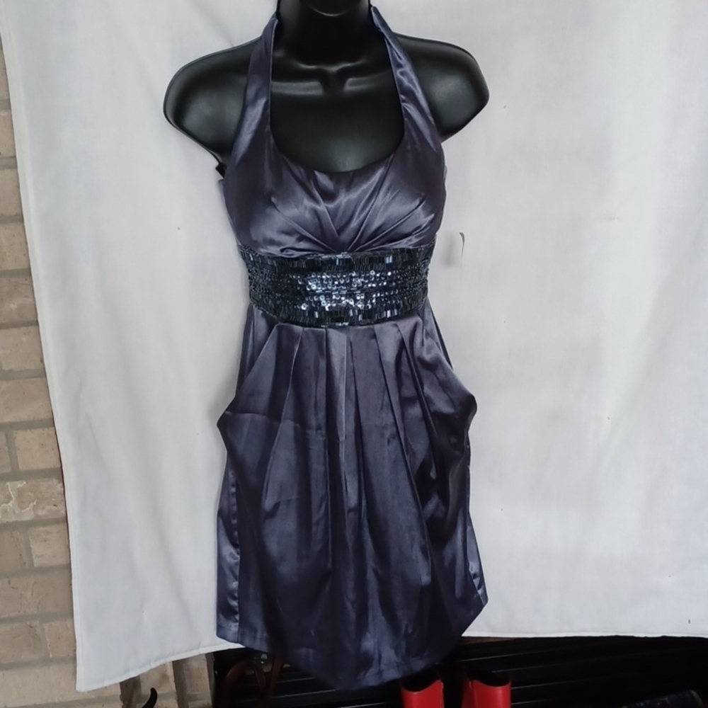 B. Darlin Halter Beaded Dress 5/6, shiny Charcoal gray